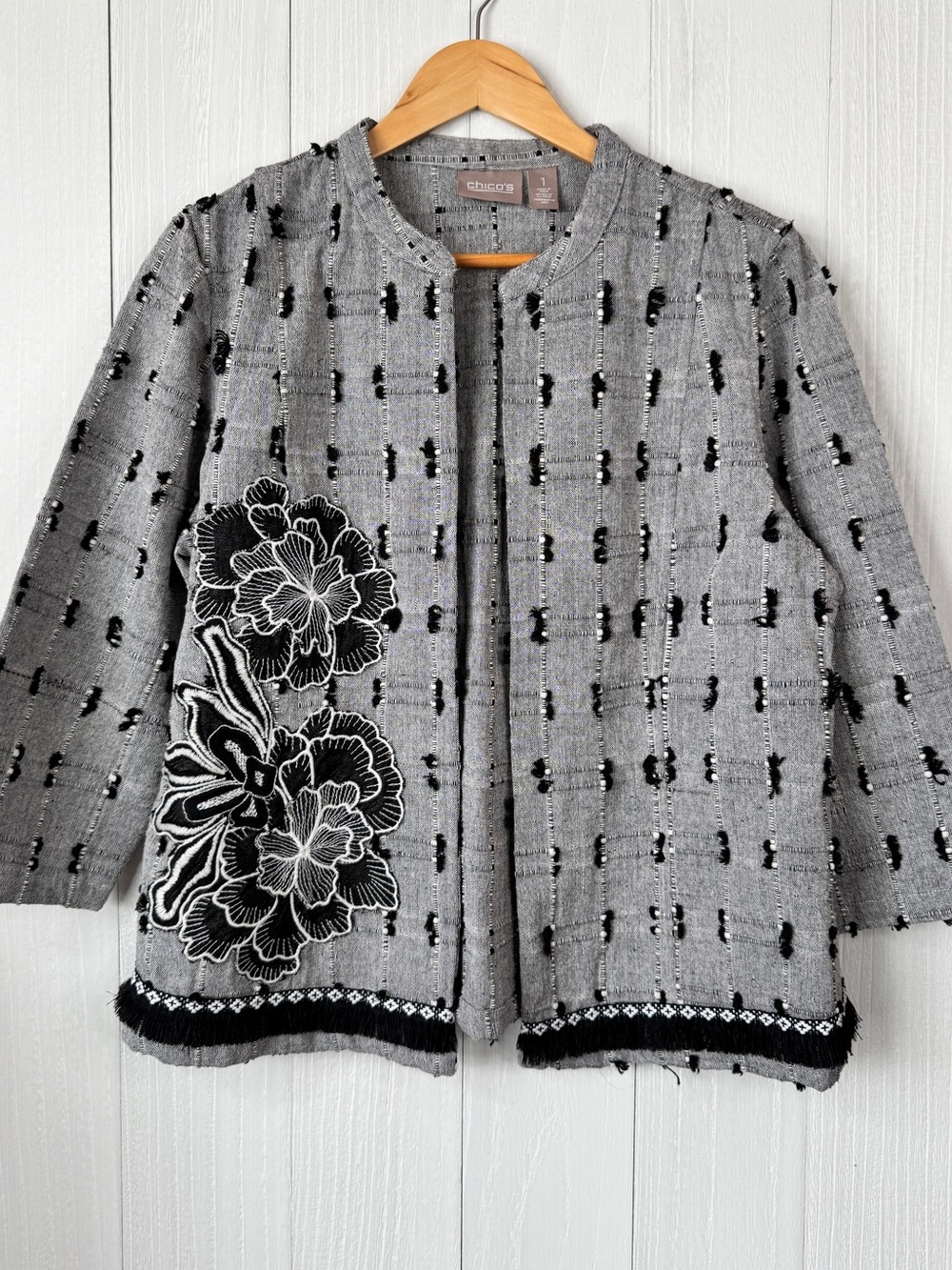 Chico's Gray Textured Open-Front Jacket with Black & White Floral Appliqué